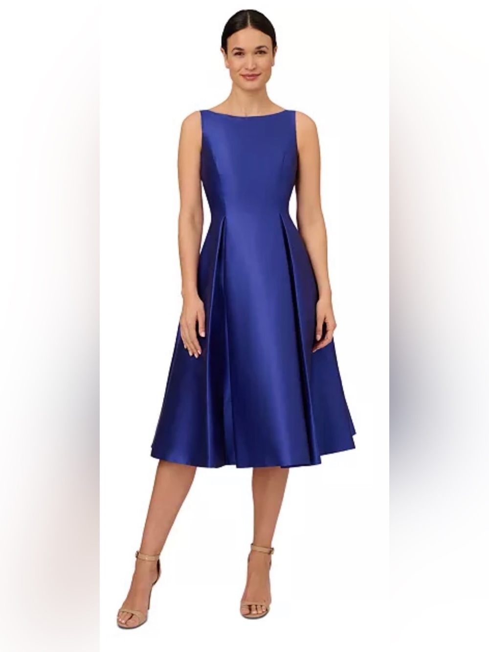 Adrianna Papell Satin Boatneck Midi Dress in Cobalt Blue